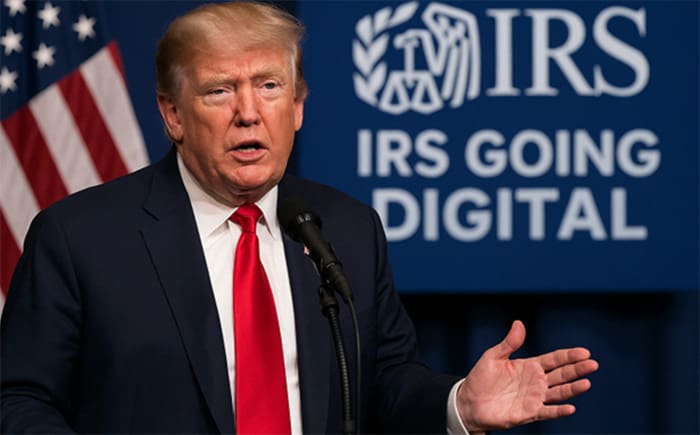 Donald Trump speaking at a podium with an American flag behind him and a backdrop reading "IRS GOING DIGITAL."