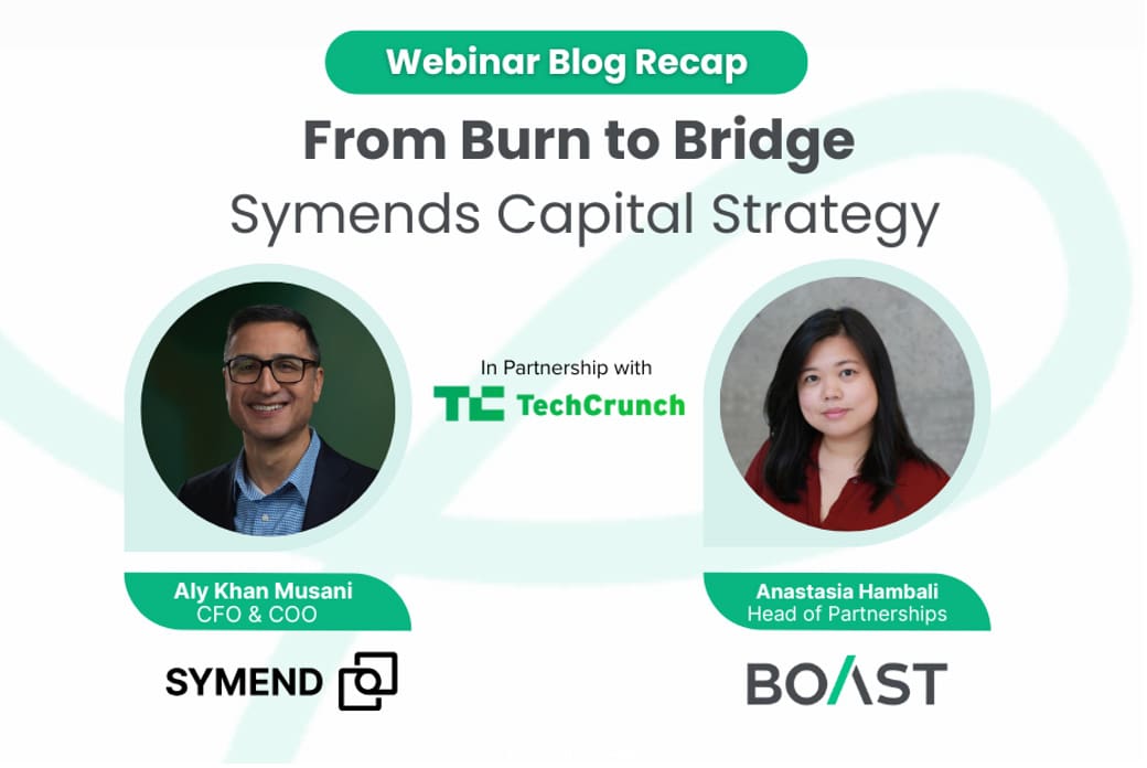 A webinar blog recap banner titled “From Burn to Bridge: Symend’s Capital Strategy” featuring Aly Khan Musani, CFO & COO of Symend, and Anastasia Hambali, Head of Partnerships at Boast. The graphic notes the partnership with TechCrunch and includes headshots of both speakers, with their names and titles highlighted below their images. The Symend and Boast logos appear at the bottom of the banner.